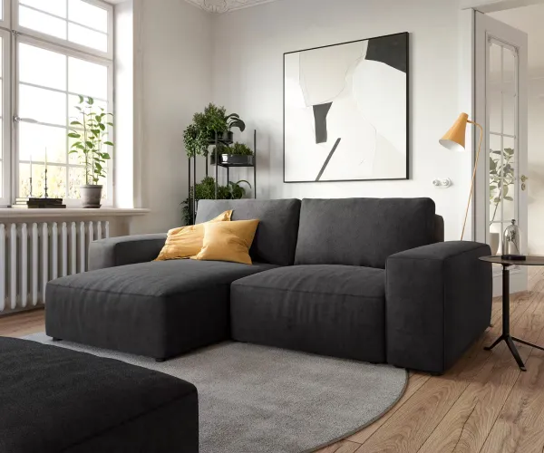 DELIFE Rohová pohovka Lanzo 230x155 cm mikrovlákno čierna variabilné ležadlo s taburetom