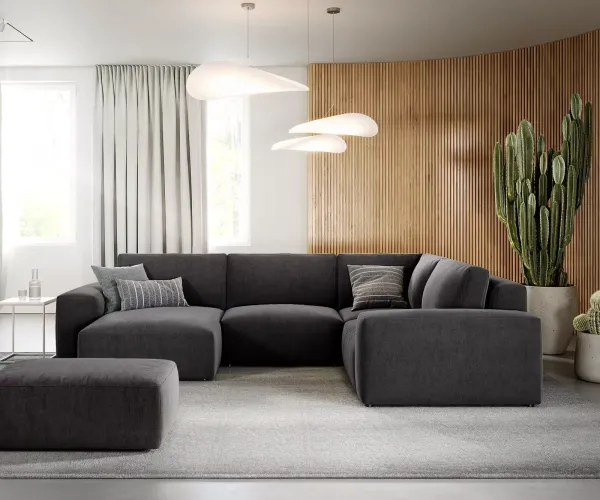 DELIFE Pohovka v tvare U Lanzo 300x210 cm mikrovlákno čierna ležadlo variabilné s taburetom