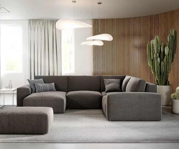 DELIFE Pohovka v tvare U Lanzo 300x210 cm mikrovlákno khaki-hnedá variabilné ležadlo s taburetom