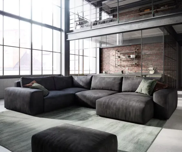 DELIFE Pohovka v tvare "U" Lanzo 300x210 cm imitácia kože vintage antracitová ležadlo variabilné s taburetom