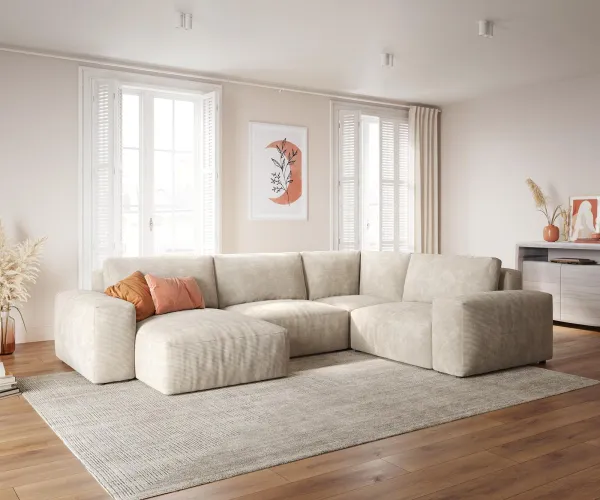 DELIFE Pohovka v tvare U Lanzo 300x210 cm manšester béžová ležadlo variabilné