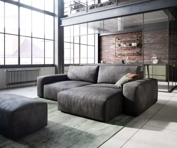 DELIFE Rohová pohovka Lanzo 230x155 cm imitácia kože vintage antracitová ležadlo variabilné s taburetom