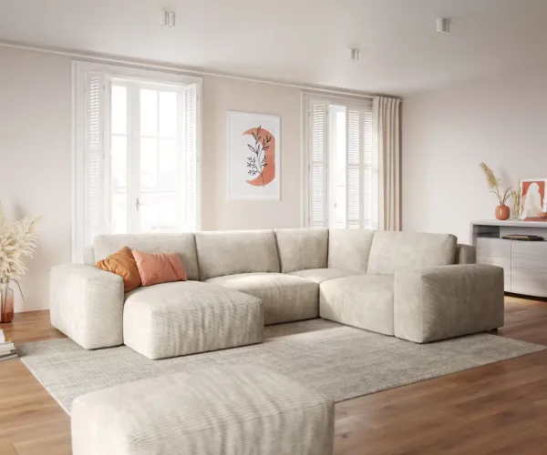 DELIFE Pohovka v tvare U Lanzo 300x210 cm manšester béžová variabilné ležadlo s taburetom
