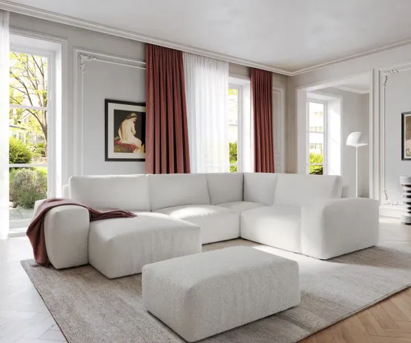 DELIFE Pohovka v tvare U Lanzo 300x210 cm bouclé bielo-krémová ležadlo variabilné s taburetom