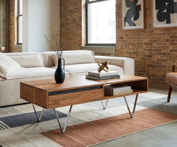 DELIFE Konferenčný stolík Stonegrace 115x60x35 cm akácia prírodná bridlica 2 zásuvky 1 priehradka