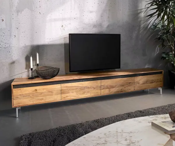 DELIFE TV stolík Stonegrace 240 cm akácia prírodná 4 dvierka oválna podstava nerezová oceľ