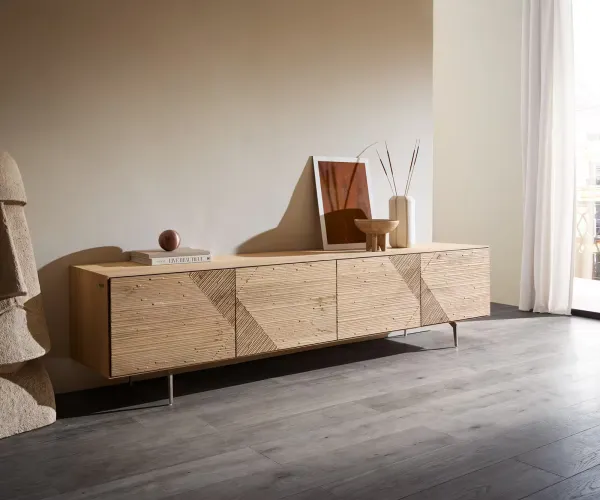 DELIFE TV stolík Tereos 220 cm dub prírodný 3D efekt 4 dvierka podstava v tvare L nerezová oceľ kefovaná
