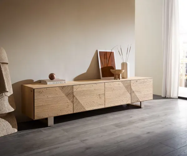 DELIFE TV stolík Tereos 220 cm dub prírodný 3D efekt 4 dvierka podstava z nerezovej ocele kefovaná