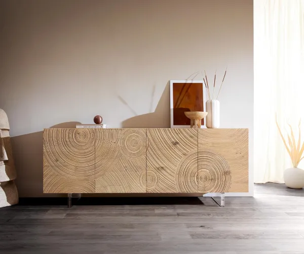 DELIFE Komoda Ashara 200 cm dub prírodná 3D efekt 4 dvierka podstava závesná akrylové sklo