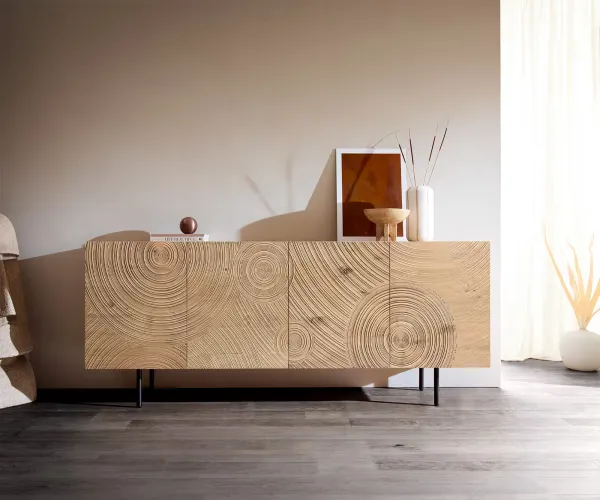DELIFE Komoda Ashara 200 cm dub prírodná 3D efekt 4 dvierka okrúhla podstava kov čierna