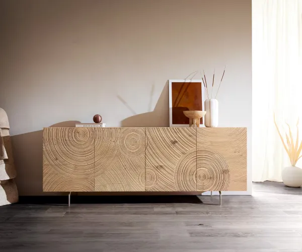 DELIFE Komoda Ashara 200 cm dub prírodná 3D efekt 4 dvierka podstava v tvare L nerezová oceľ kefovaná