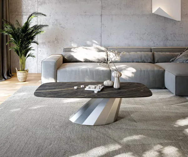 DELIFE Konferenčný stolík Edge zaoblený 140x80 cm keramika Laminam® Noir Desir hnedá Parabi nerezová oceľ kefovaná