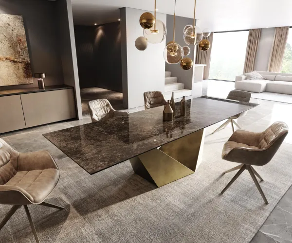DELIFE Jedálenský stôl Edge 300x100 keramika Laminam® Emperador Extra Lucidato tmavohnedá Prisma metalická zlatá