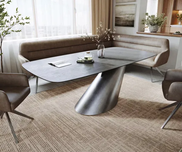 DELIFE Jedálenský stôl Edge zaoblený tvar 200x100 cm keramika betónová sivá Cono metalická strieborná