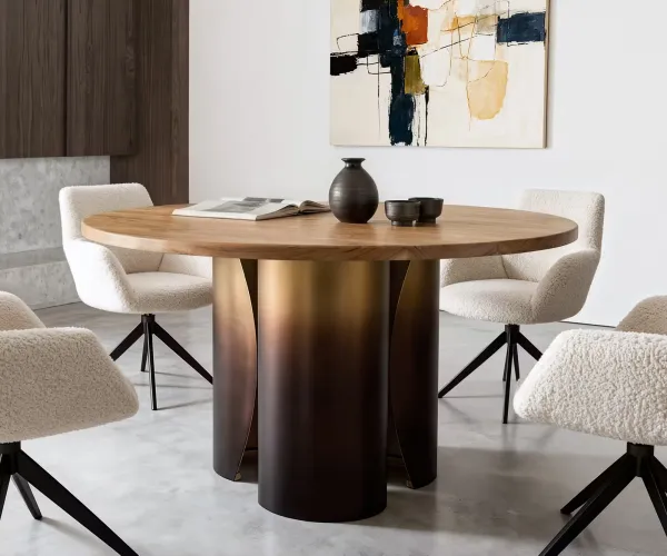 DELIFE Jedálenský stôl Adenza okrúhly 140x140 cm akácia prírodná kov zlatý Fusion povrch