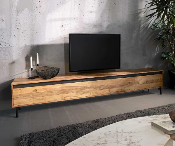 DELIFE TV stolík Stonegrace 240 cm akácia prírodná 4 dvierka podstava oválna kov čierna
