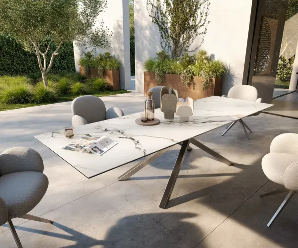 DELIFE Záhradný jedálenský stôl Edge 300x100 cm keramika Calacatta Luxe bielo-zlato-šedá krížová podstava obdĺžnik nerezová oceľ