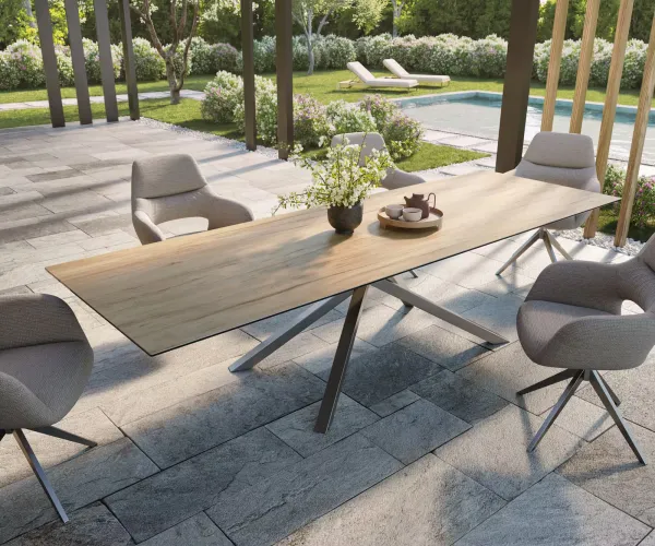 DELIFE Záhradný jedálenský stôl Edge 300x100 cm keramika Laminam® sabbia dubová krížová podstava obdĺžnik nerezová oceľ
