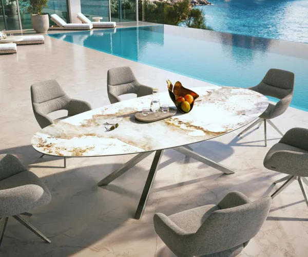 DELIFE Záhradný stôl Edge oválny 280x130 cm keramika Minas Melange bielo-béžová krížová podstava obdĺžnik nerezová oceľ