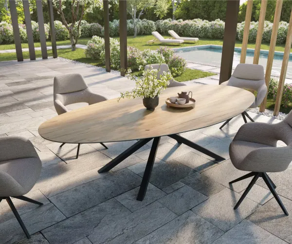 DELIFE Záhradný stôl Edge oválny 280x130 cm keramika Laminam® sabbia v dubovej farbe krížová podstava hranatá čierna