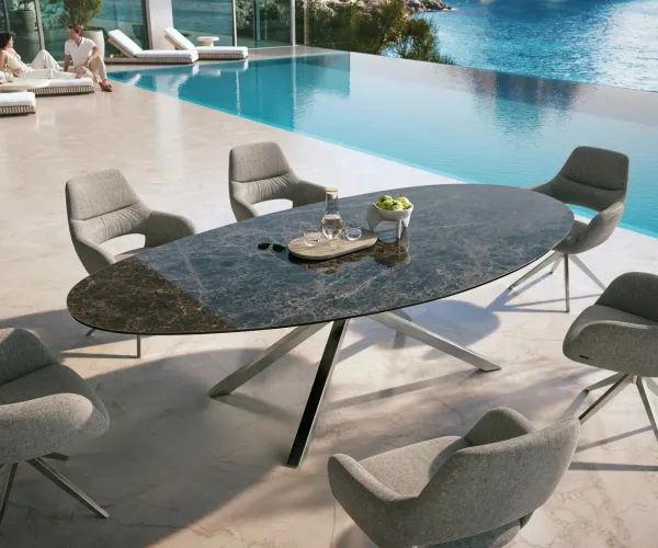 DELIFE Záhradný jedálenský stôl Edge oválny 280x130 cm keramika Laminam® Emperador Extra Lucidato tmavohnedá krížová podstava obdĺžniková nerezová oceľ