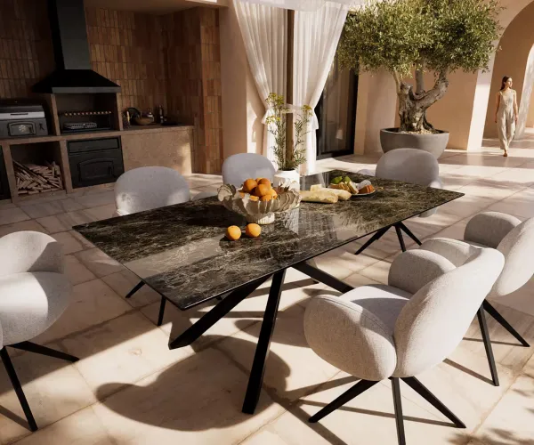 DELIFE Záhradný jedálenský stôl Edge 200x100 cm keramika Laminam® Emperador Extra Lucidato tmavohnedá krížová podstava obdĺžnik čierna
