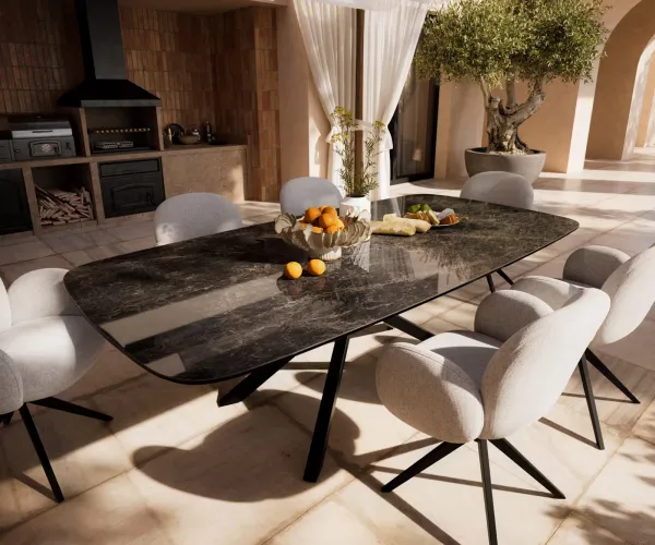 DELIFE Záhradný jedálenský stôl Edge zaoblený 240x120 cm keramika Laminam® Emperador Extra Lucidato tmavohnedá krížová podstava obdĺžnik čierna