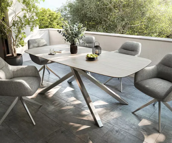DELIFE Záhradný jedálenský stôl Edge zaoblený 200x100 cm keramika Laminam® Travertino Bianco krémovo biela krížová podstava obdĺžnik nerezová oceľ