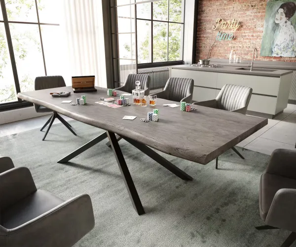 DELIFE Jedálenský stôl Edge 260x100 XL akácia platinová krížová podstava obdĺžnik čierna Live-Edge