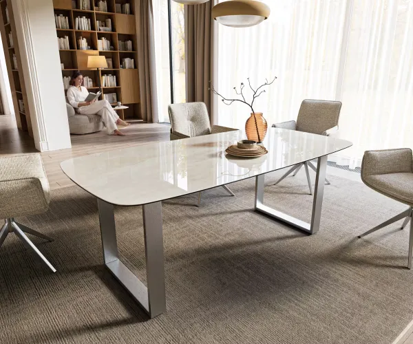 DELIFE Jedálenský stôl Edge zaoblený tvar 200x100 cm keramika onyx šampanské nerezová oceľ široký