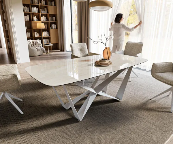 DELIFE Jedálenský stôl Edge zaoblený tvar 200x100 cm keramika onyx champagne spider kov biela