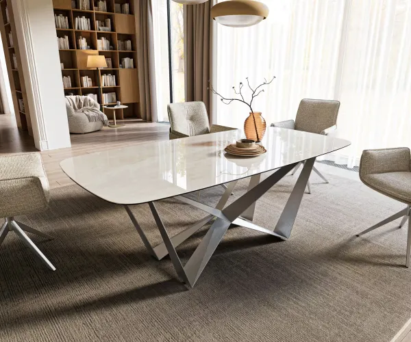 DELIFE Jedálenský stôl Edge zaoblený tvar 200x100 cm keramika onyx šampanské pavúk plochá oceľ nerezová oceľ grafitová
