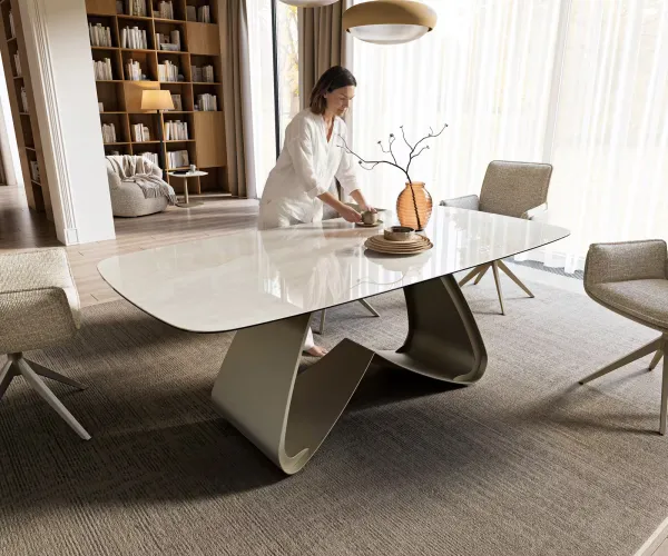 DELIFE Jedálenský stôl Edge oválny 200x100 cm keramika onyx šampanské podstava v tvare W kov titánová farba