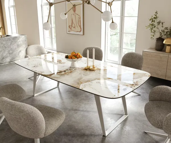 DELIFE Jedálenský stôl Edge zaoblený tvar 240×120 cm keramika Minas Melange bielo-béžová kov šikmý biely