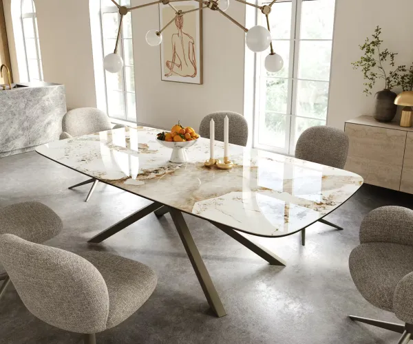 DELIFE Jedálenský stôl Edge zaoblený 240×120 cm keramika Minas Melange bielo-béžová krížová podstava hranatý titánová farba