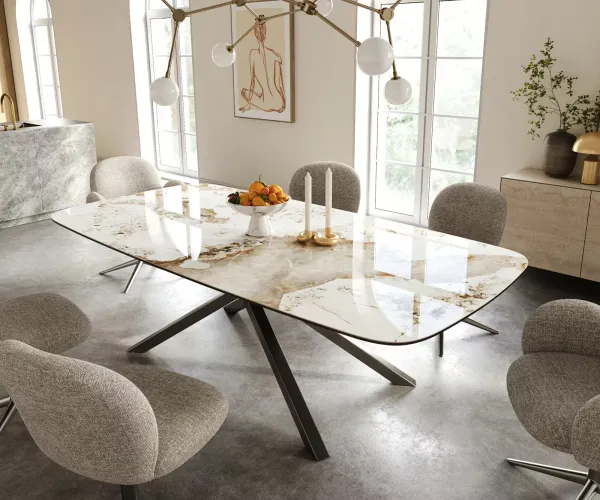 DELIFE Jedálenský stôl Edge zaoblený 240×120 cm keramika Minas Melange bielo-béžová krížová podstava hranatý nerezová oceľ grafitová