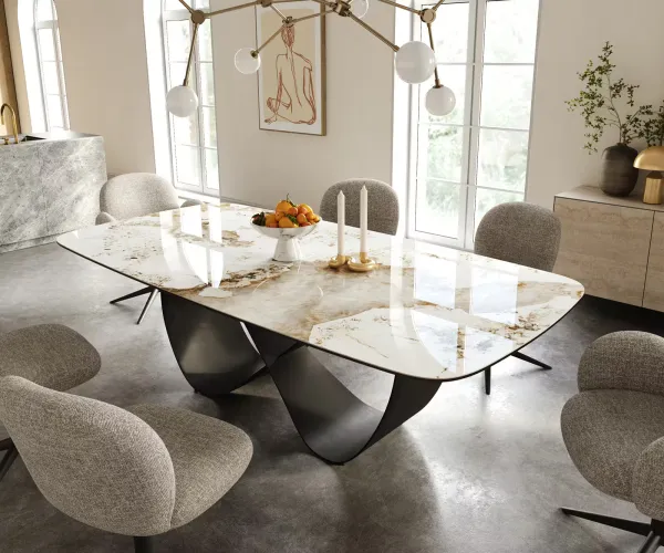 DELIFE Jedálenský stôl Edge zaoblený 240×120 cm keramika Minas Melange bielo-béžová Infinity kov čierna