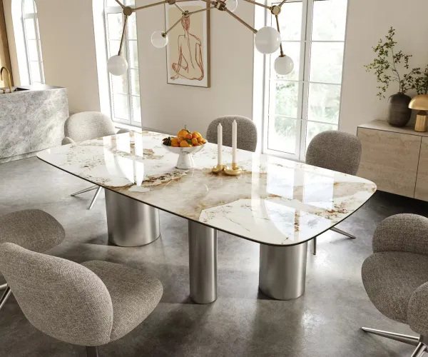 DELIFE Jedálenský stôl Edge zaoblený 240×120 cm keramika Minas Melange bielo-béžová Troa nerezová oceľ kefovaná