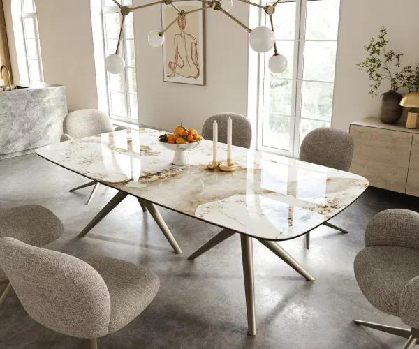 DELIFE Jedálenský stôl Edge zaoblený 240×120 cm keramika Minas Melange bielo-béžová Estelar okrúhly kov titánová farba efekt