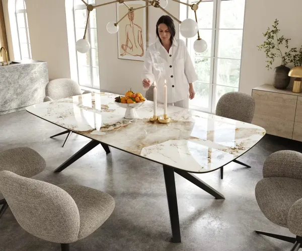 DELIFE Jedálenský stôl Edge zaoblený 240×120 cm keramika Minas Melange bielo-béžová Zenthara hranatý kov čierna