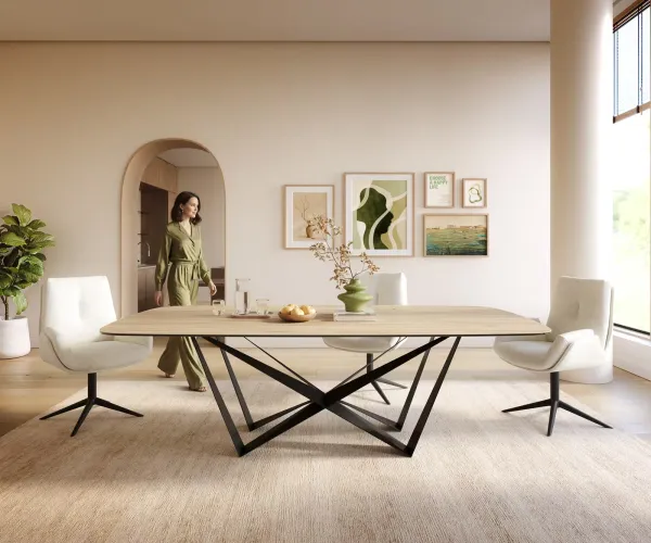 DELIFE Jedálenský stôl Edge zaoblený 240×120 cm keramika Laminam® sabbia dubová farba pavúk plochá oceľ čierna
