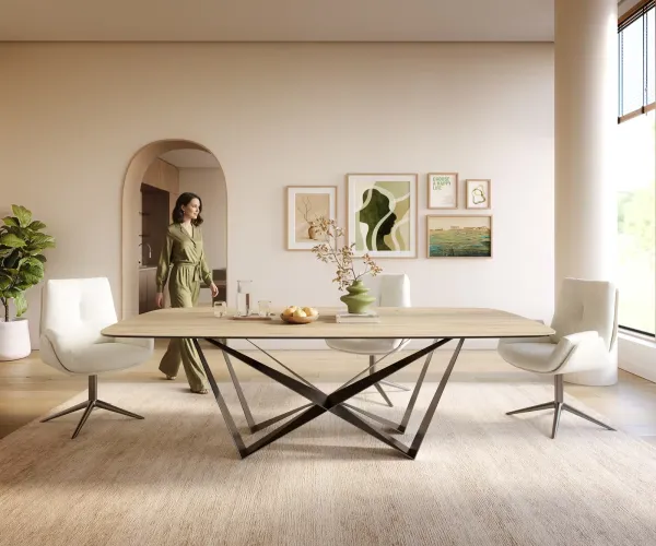 DELIFE Jedálenský stôl Edge zaoblený 240×120 cm keramika Laminam® sabbia v dubovej farbe pavúk plochá oceľ nerezová oceľ grafitová