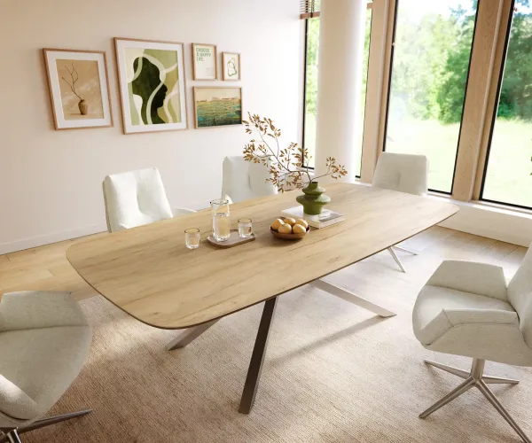 DELIFE Jedálenský stôl Edge zaoblený 240×120 cm keramika Laminam® sabbia v dubovej farbe krížová podstava nerezová oceľ