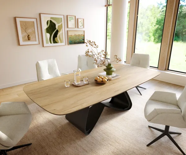 DELIFE Jedálenský stôl Edge zaoblený 240×120 cm keramika Laminam® Sabbia dubová farba podstava v tvare W kov čierna