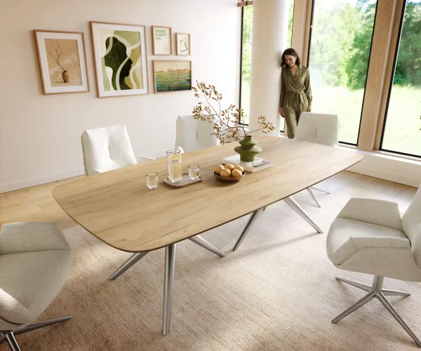 DELIFE Jedálenský stôl Edge zaoblený 240×120 cm keramika Laminam® Sabbia v dubovej farbe Estelar okrúhly nerezová oceľ
