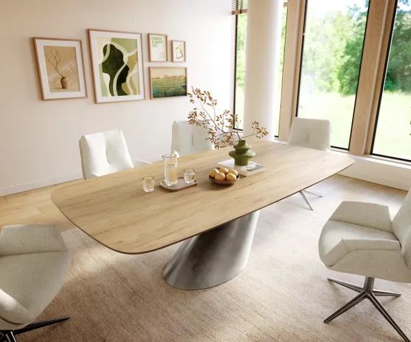 DELIFE Jedálenský stôl Edge zaoblený 240×120 cm keramika Laminam® Sabbia dubová farba kužeľ metalická strieborná