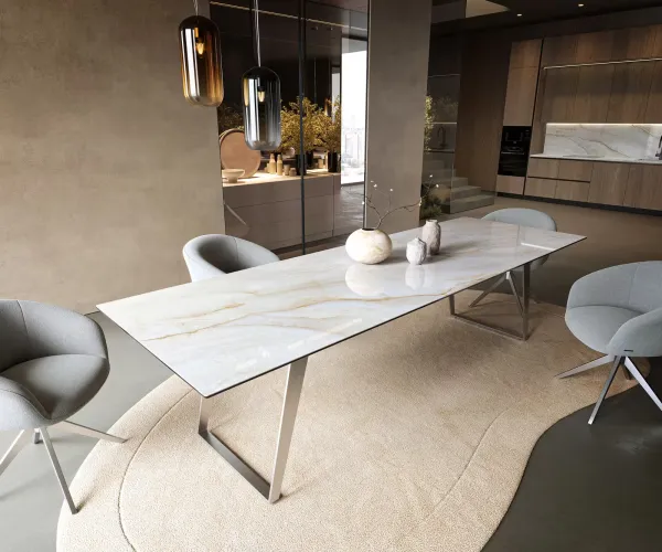 DELIFE Jedálenský stôl Edge 300×100 cm keramika onyx perla nerezová oceľ skosený