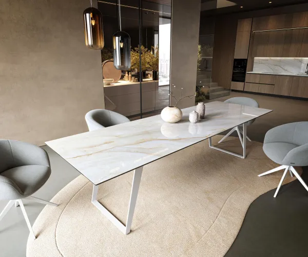 DELIFE Jedálenský stôl Edge 300×100 cm keramika onyx perla kov skosený biela