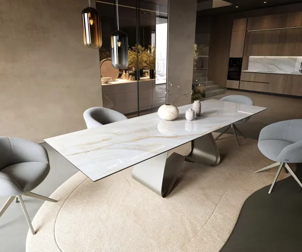 DELIFE Jedálenský stôl Edge 300×100 cm keramika Onyx Pearl podstava v tvare W kov titánová farba