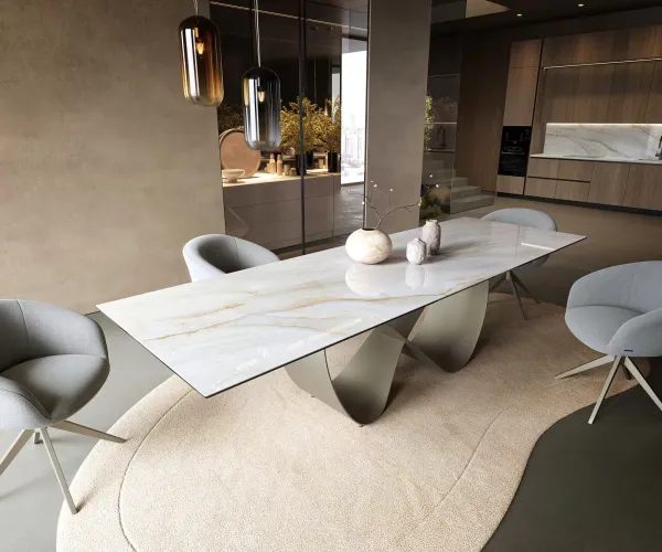 DELIFE Jedálenský stôl Edge 300×100 cm keramika onyx perla nekonečno kov titánová farba